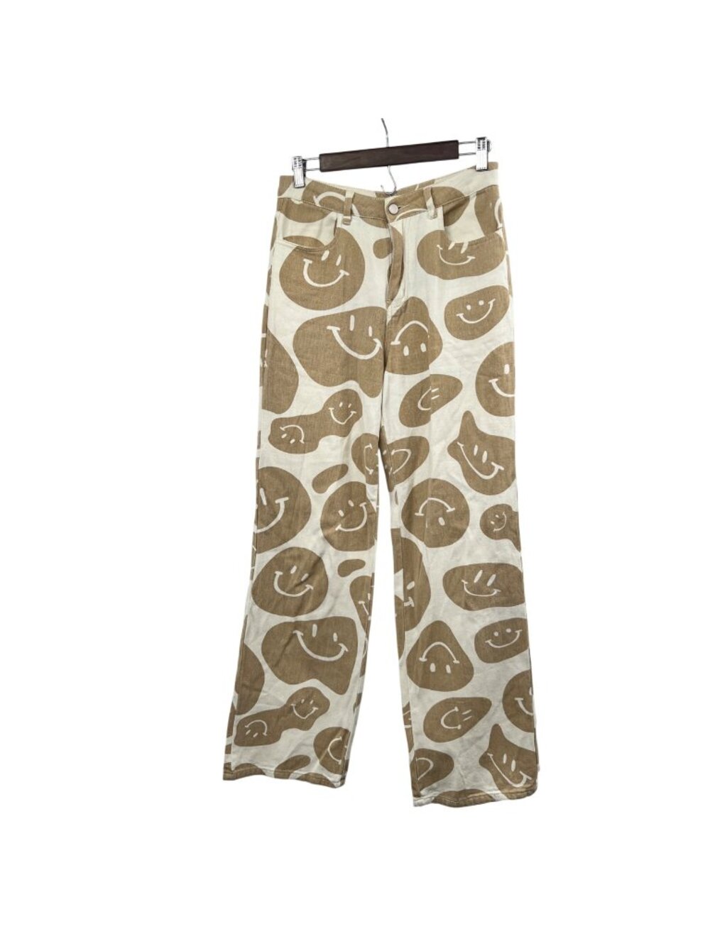 Bailey Rose Womens Smiley Face Print Jeans Wide Leg Tan/Ivory Size Small